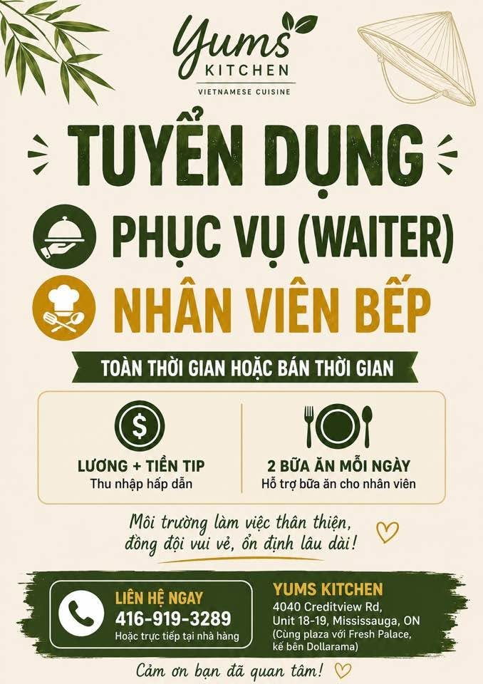 Yums Kitchen Mississauga tuyển phục vụ và nhân viên bếp